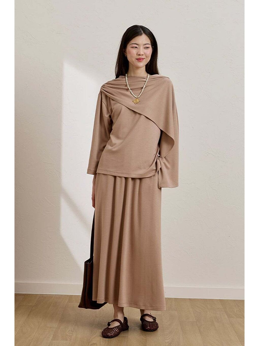 Bej Karamel Etek   Atkılı Bluz Takım-1