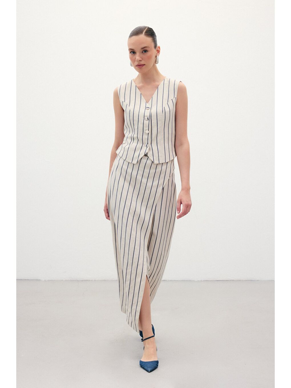 Çizgili Keten Etek - Lacivert-2