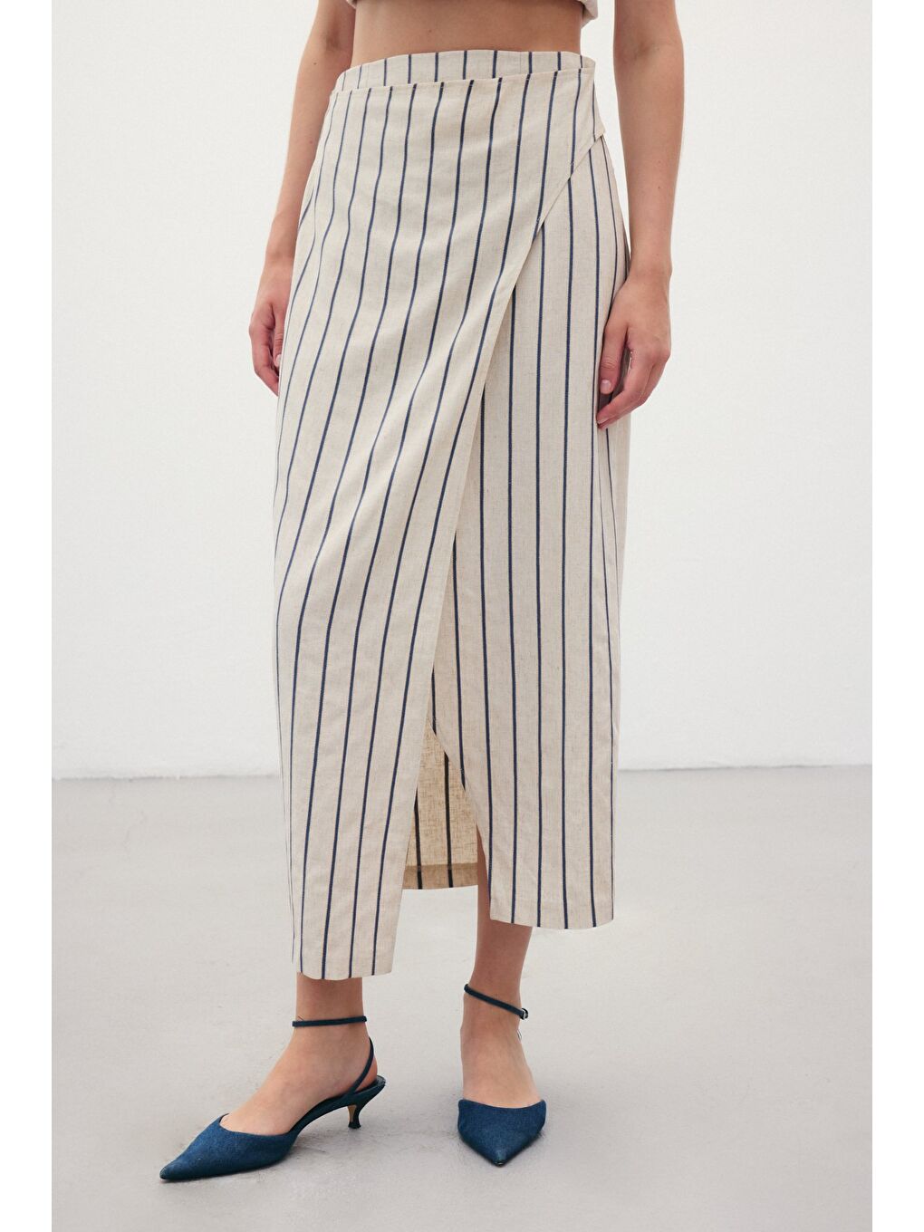 Çizgili Keten Etek - Lacivert-3