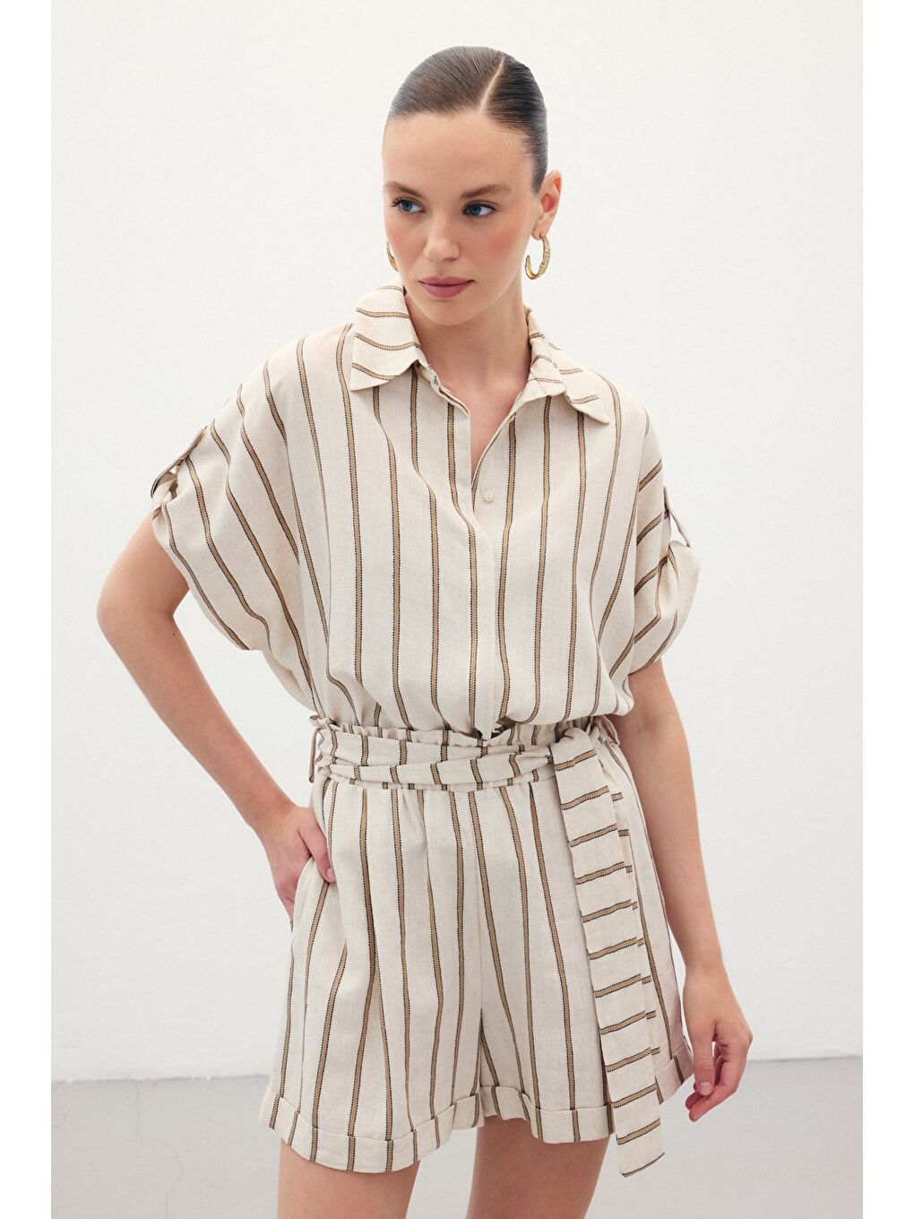 Kahverengi Kısa Kollu Keten Karışımlı Gömlek - Camel-1