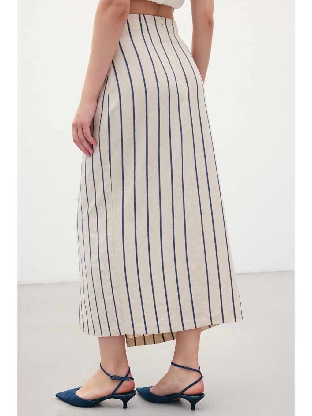 Çizgili Keten Etek - Lacivert-4