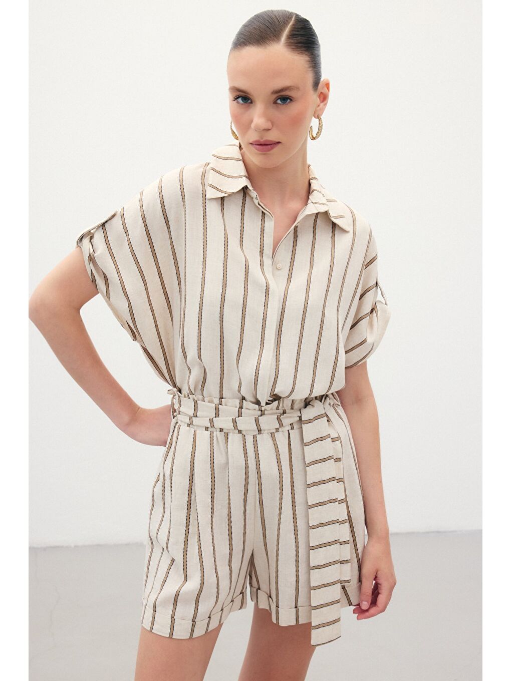 Kahverengi Kısa Kollu Keten Karışımlı Gömlek - Camel-2