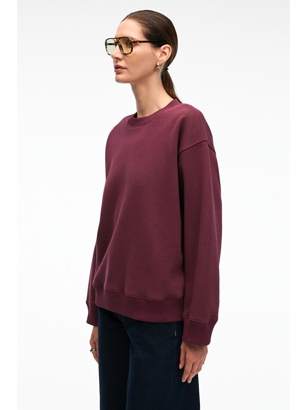 Esme Kadın Oversize Yuvarlak Yakalı Kol Ucu Ve Etek Ucu Manşetli Bordo Sweatshirt-6