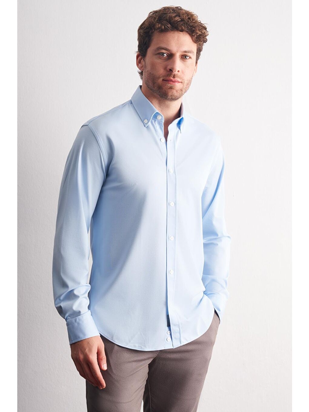 Mavi Düğmeli Yaka Örme Uzun Kol Performans Ürün Slim Fit Esnek Gömlek 1004255270