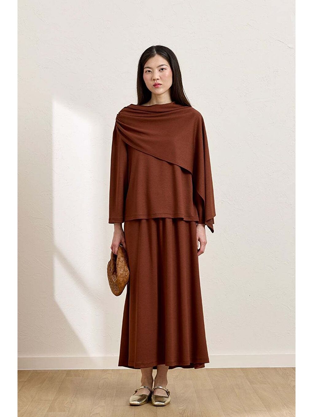 Kahverengi Camel Etek   Atkılı Bluz Takım