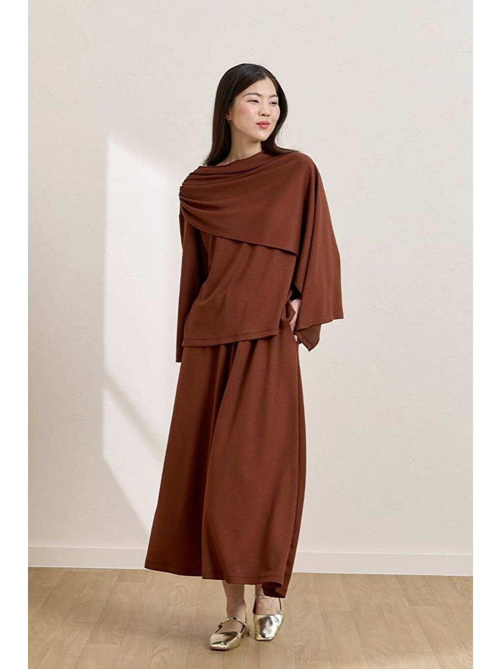 Kahverengi Camel Etek   Atkılı Bluz Takım-1