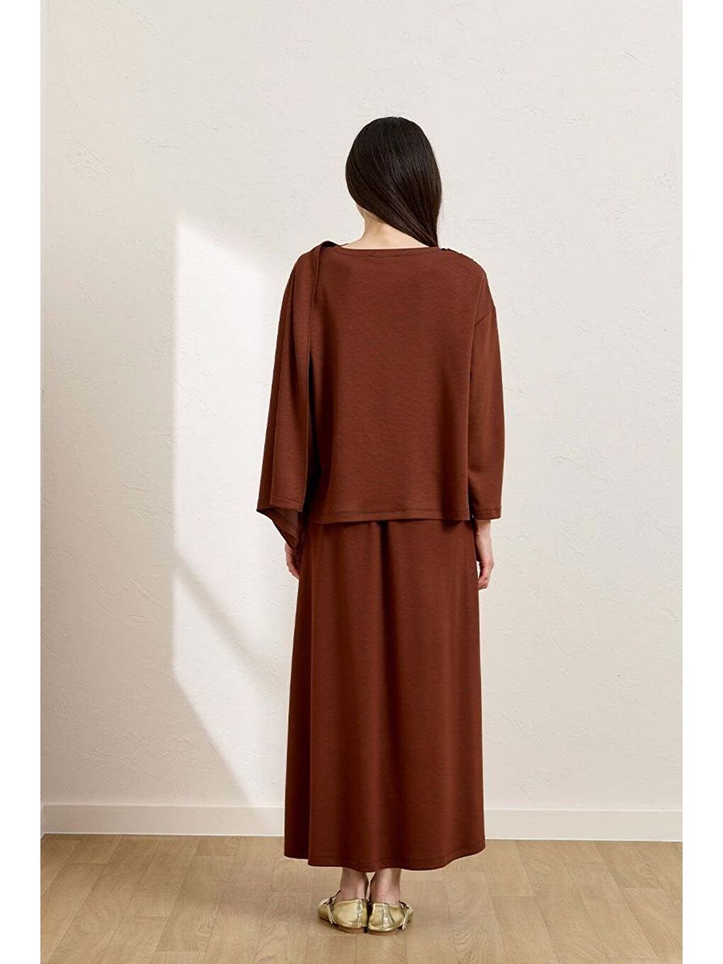 Kahverengi Camel Etek   Atkılı Bluz Takım-4