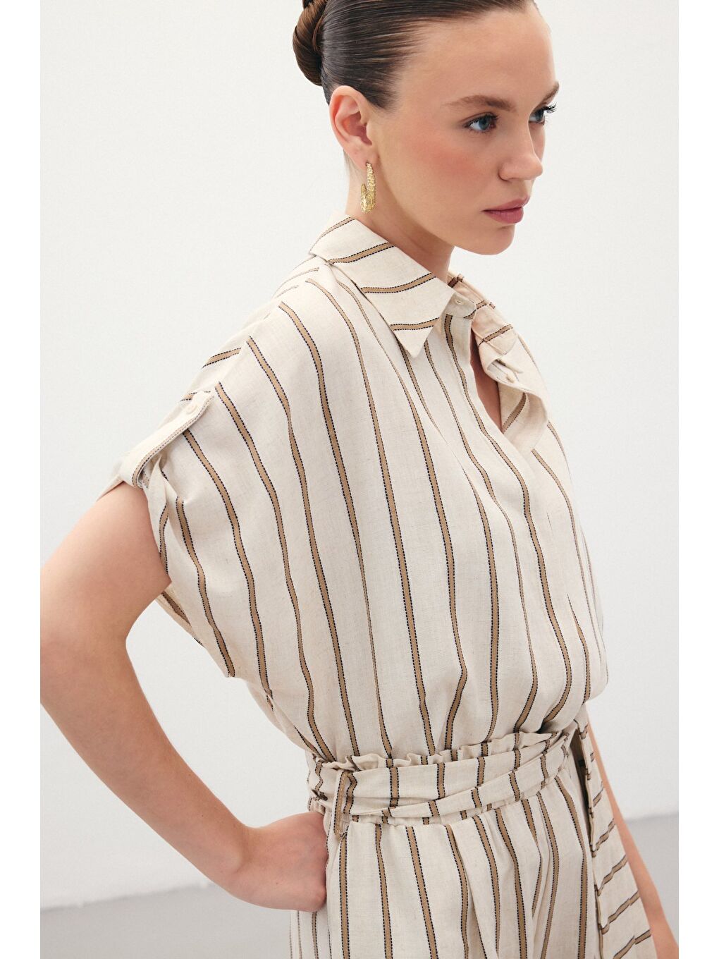 Kahverengi Kısa Kollu Keten Karışımlı Gömlek - Camel-5