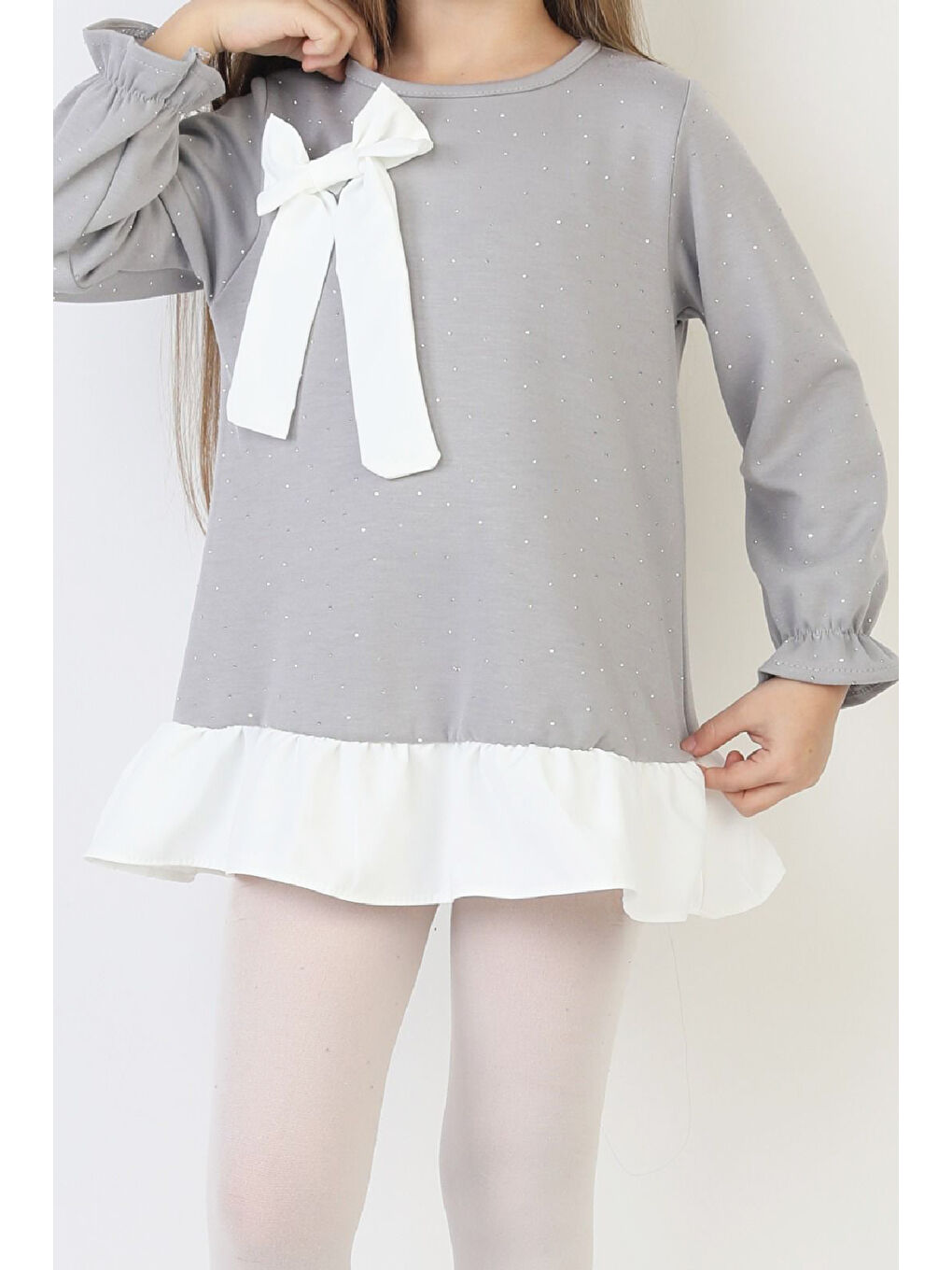 Gri Kız Çocuk Tunik Tarz Elbise Taş Süslemeli ve Fiyonklu 4-9 Yaş 12510-1