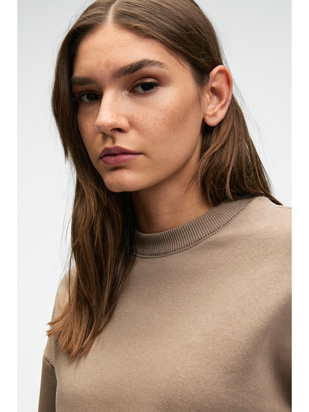 Bej Karalıs Kadın Pamuklu Bisiklet Yaka Crop Vizon Sweatshirt-2