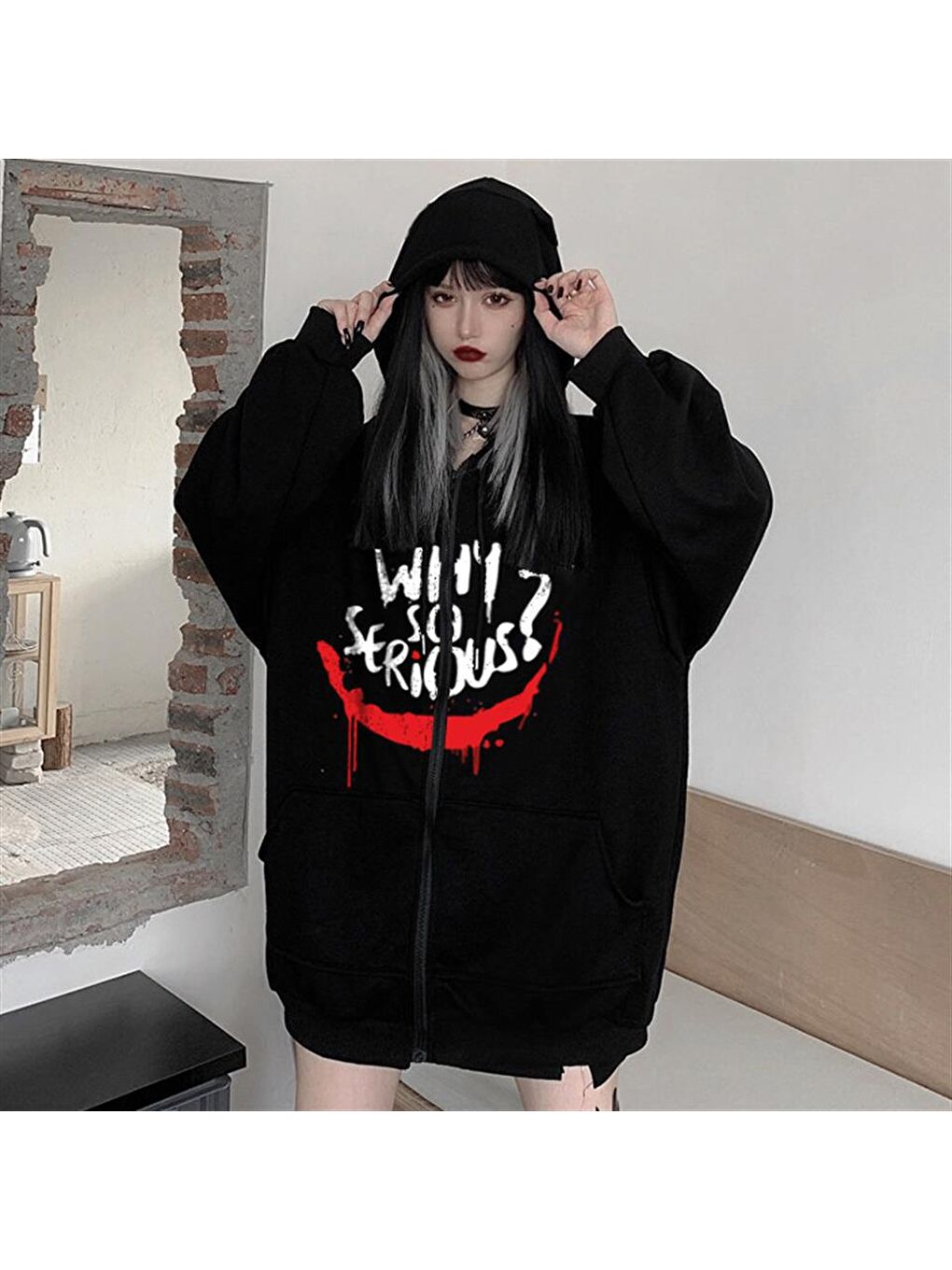 Touz Moda Siyah Why So Serious Baskılı Oversize Fermuarlı Siyah Unisex Kapüşonlu Hırka