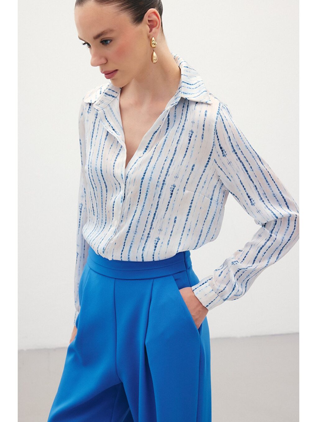 Desenli Klasik Gömlek - Sax Mavi-5