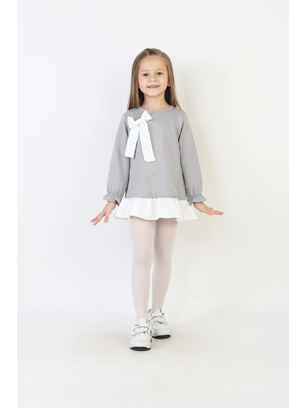Gri Kız Çocuk Tunik Tarz Elbise Taş Süslemeli ve Fiyonklu 4-9 Yaş 12510-2