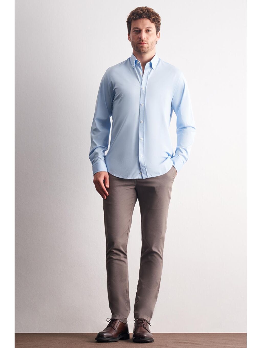 Mavi Düğmeli Yaka Örme Uzun Kol Performans Ürün Slim Fit Esnek Gömlek 1004255270-1