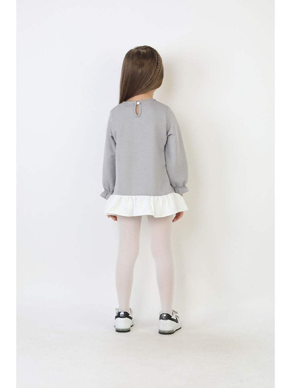 Gri Kız Çocuk Tunik Tarz Elbise Taş Süslemeli ve Fiyonklu 4-9 Yaş 12510-3