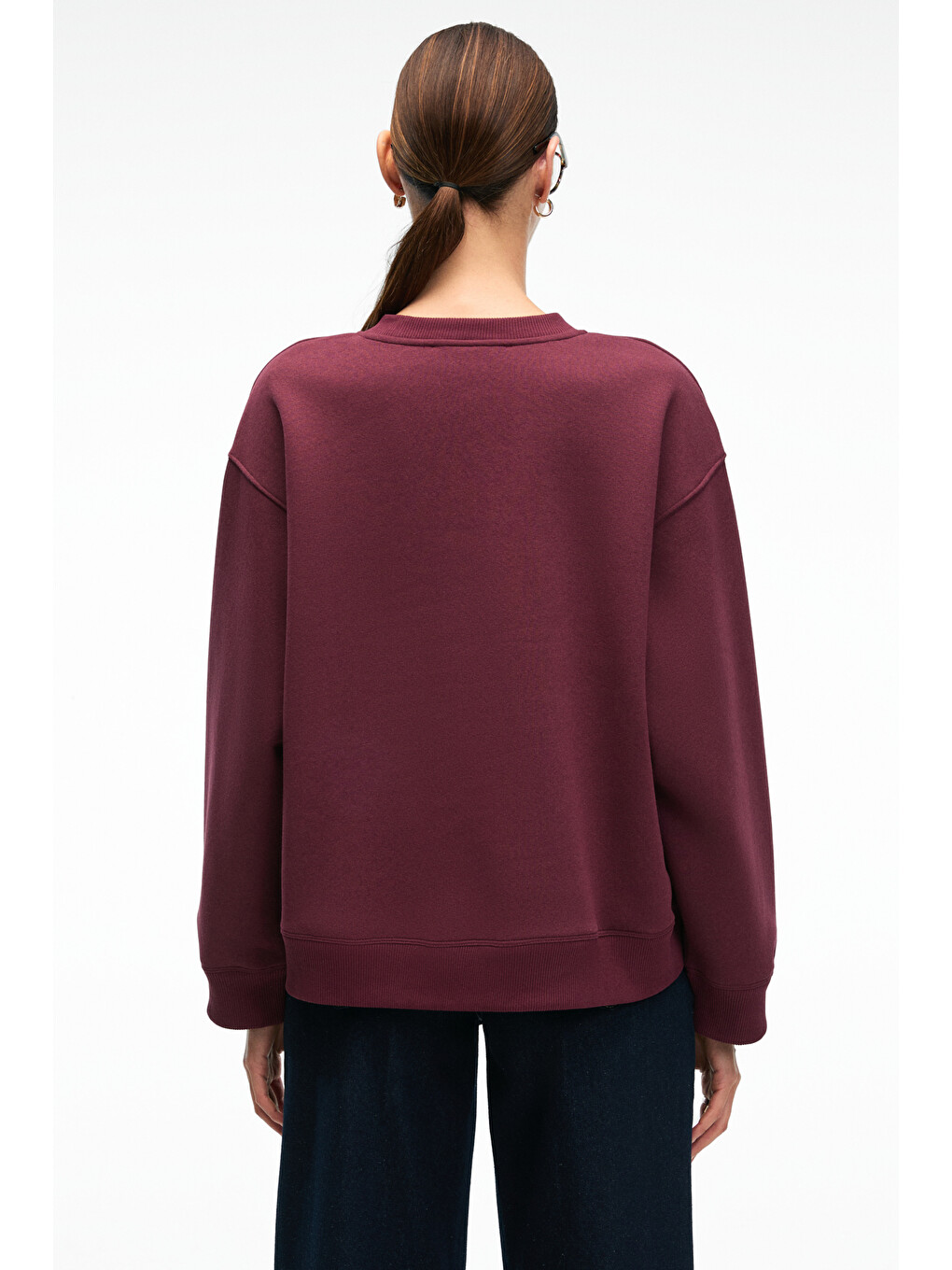 Esme Kadın Oversize Yuvarlak Yakalı Kol Ucu Ve Etek Ucu Manşetli Bordo Sweatshirt-7