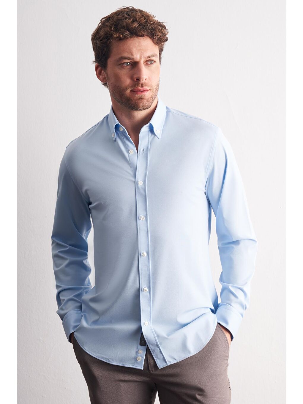 Mavi Düğmeli Yaka Örme Uzun Kol Performans Ürün Slim Fit Esnek Gömlek 1004255270-2