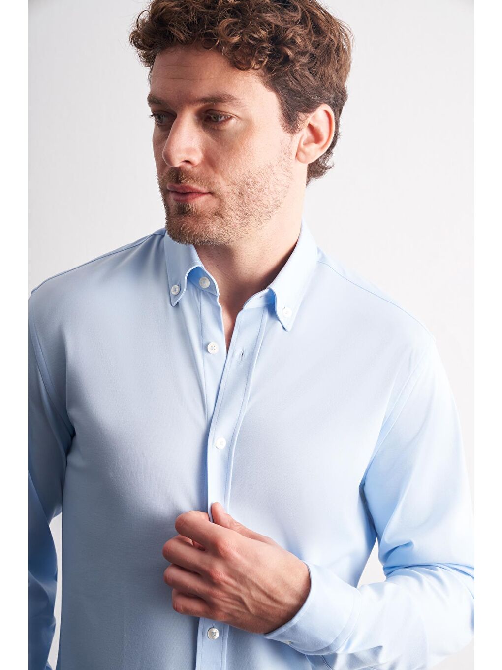 Mavi Düğmeli Yaka Örme Uzun Kol Performans Ürün Slim Fit Esnek Gömlek 1004255270-3