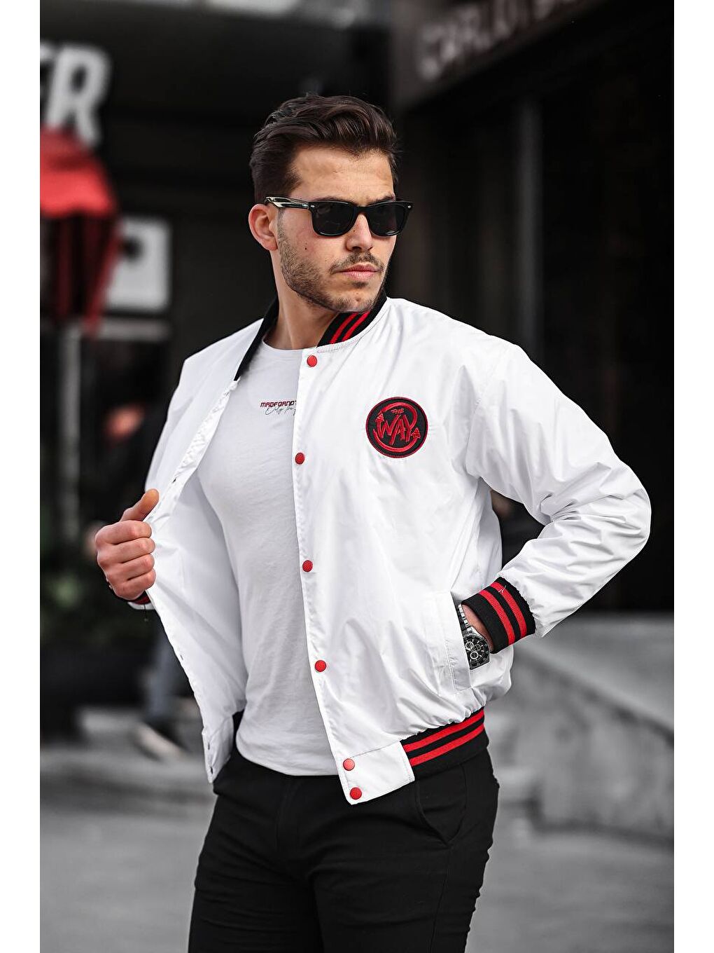 Erkek Baskılı Kapüşonlu Beyaz Kolej Ceket