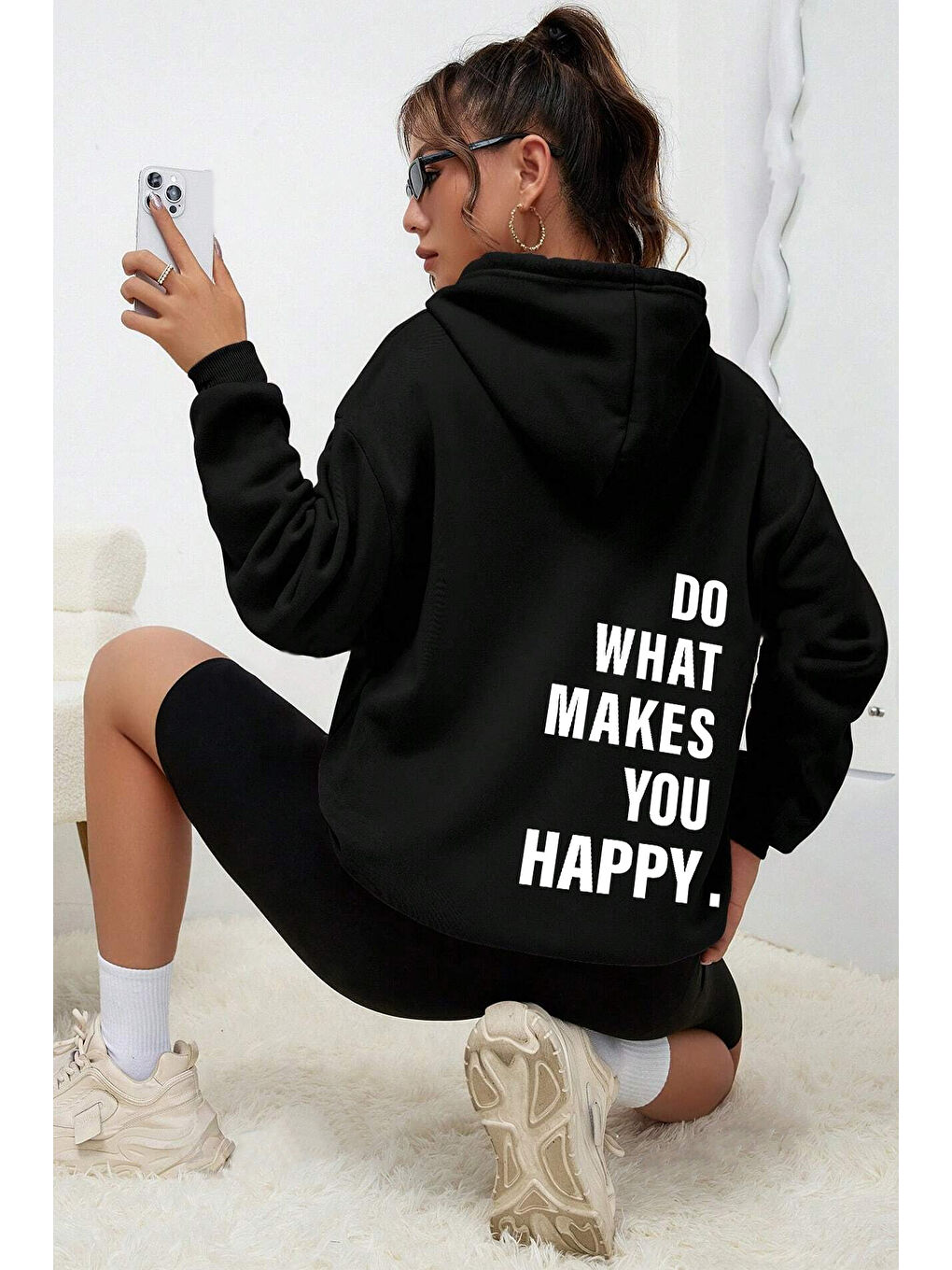 uyguntarz Siyah Do What Makes You Happy Baskılı Unisex Oversize Sweatshirt - 1