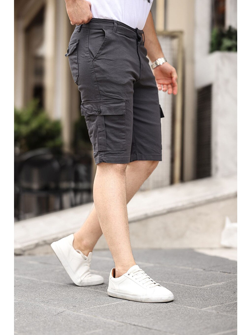 Gri None Denim Yandan Kargo Cepli Esnek Kumaş Erkek Kargo Şort Bermuda-1