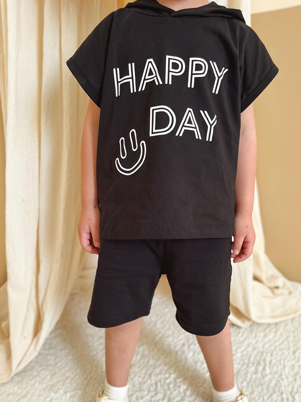 Siyah Kapüşonlu Yazlık Baskılı Takım 2404KPSNYZLYK-2