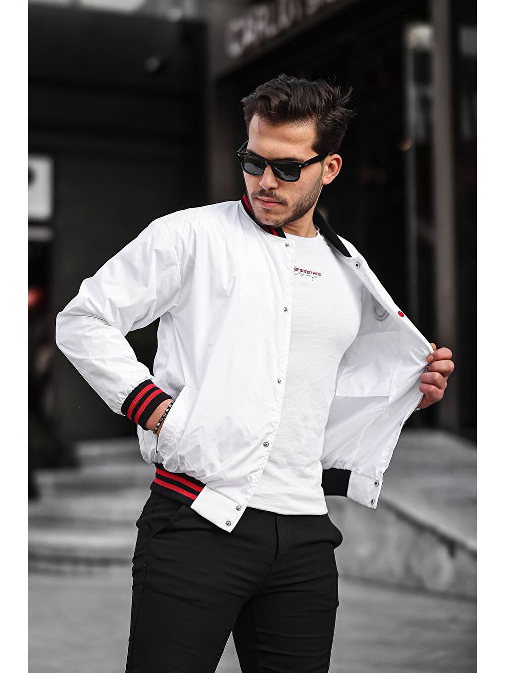 Erkek Baskılı Kapüşonlu Beyaz Kolej Ceket-1