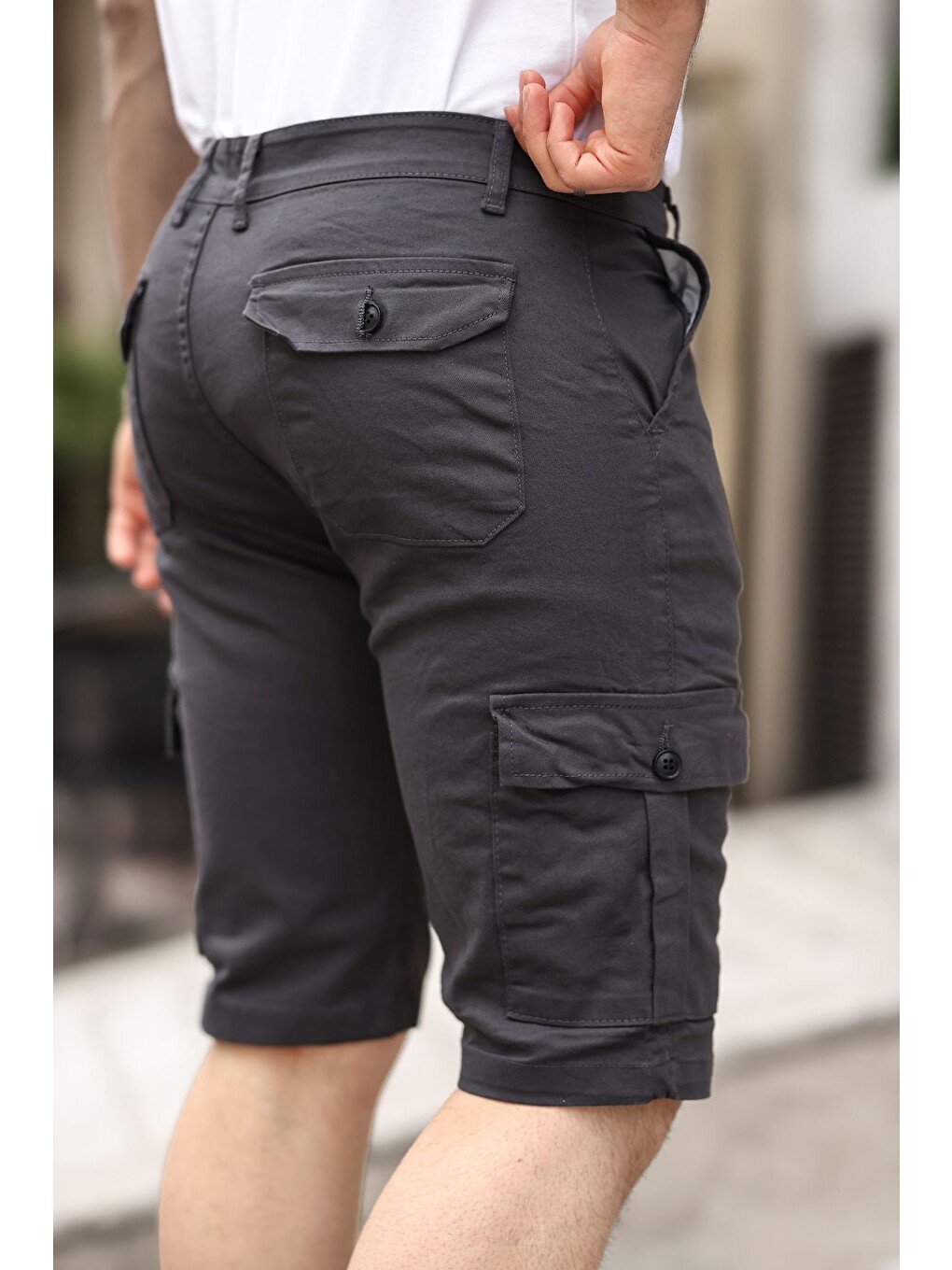 Gri None Denim Yandan Kargo Cepli Esnek Kumaş Erkek Kargo Şort Bermuda-2