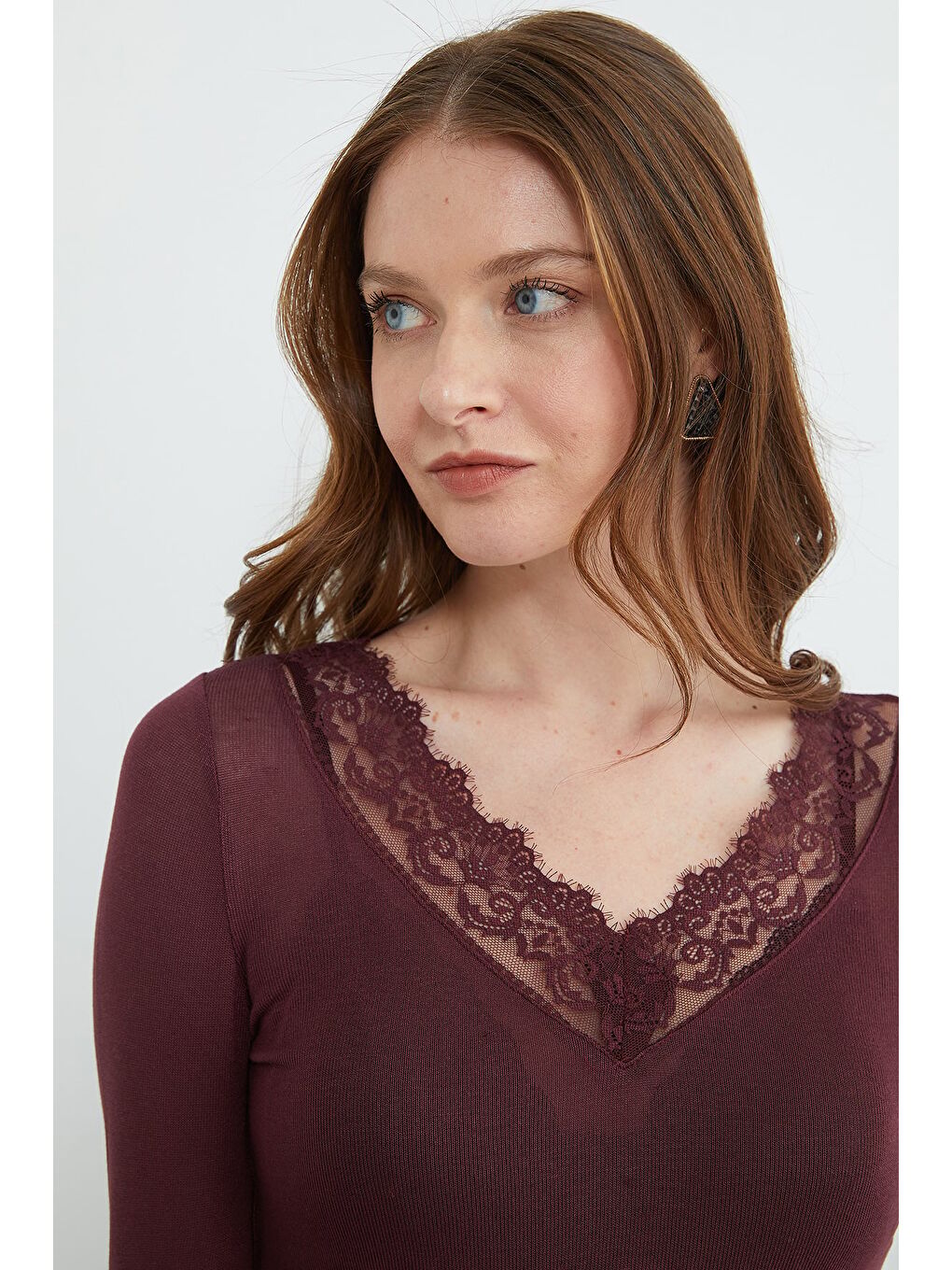 Mürdüm Kol Ve Yaka Dantelli Transparan Bluz-1