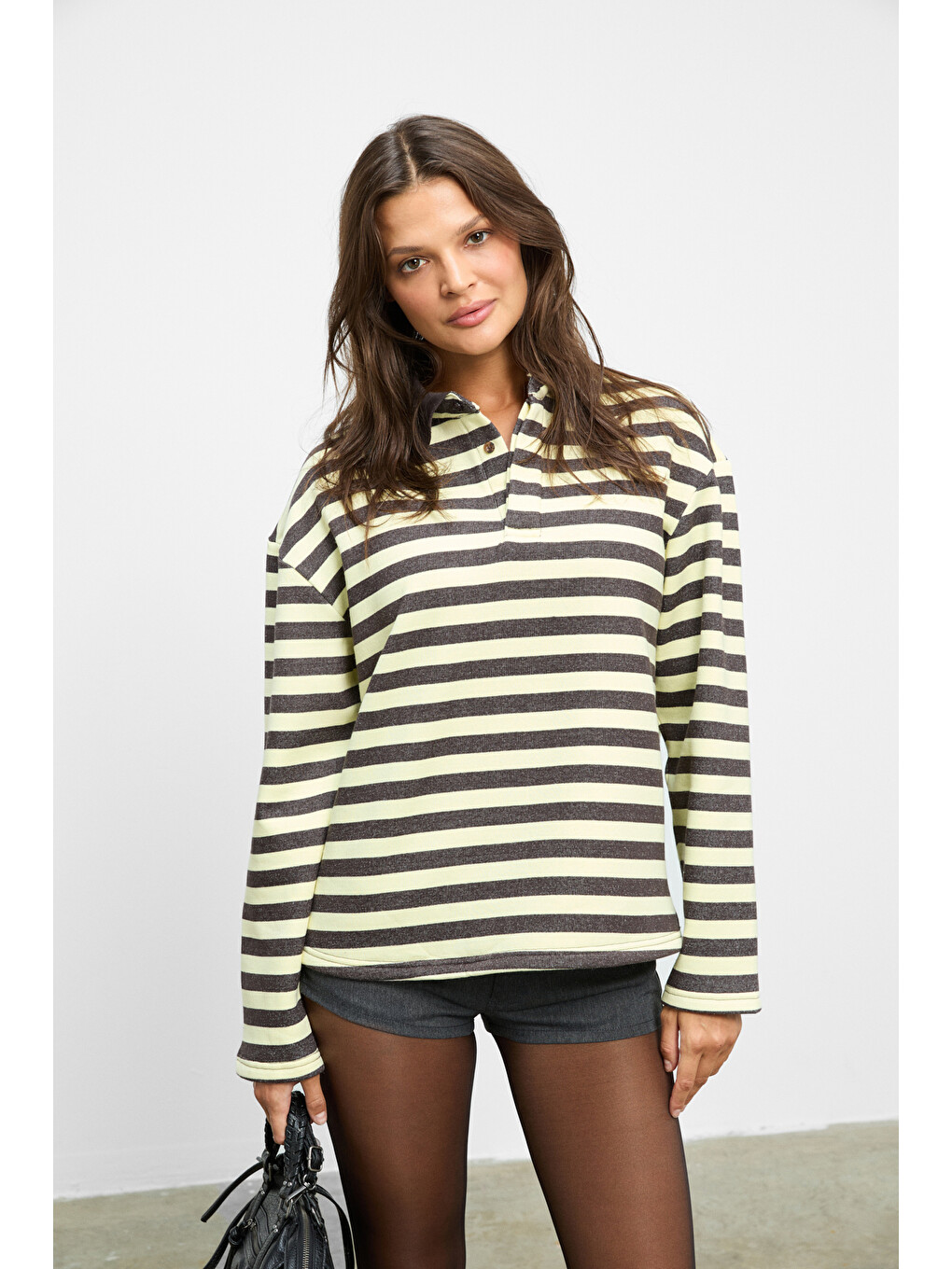 Muse Kadın Çizgili Triko Polo Yakalı Regular Fit Sarı Sweatshirt