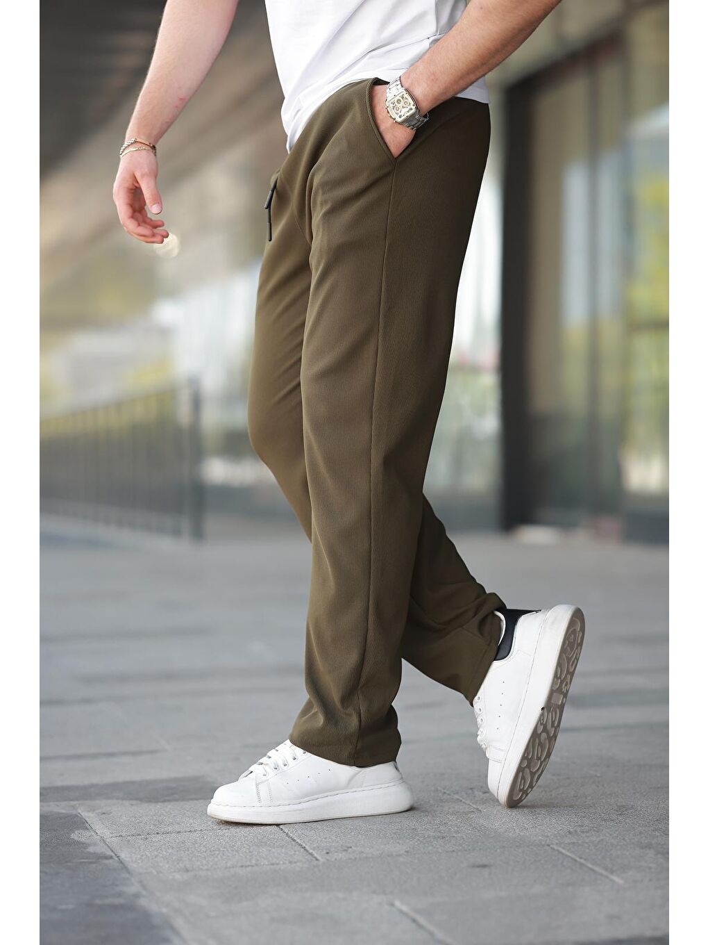 Haki Beli Ayarlanabilir Cep Detaylı Bol Pantolon 6545-2