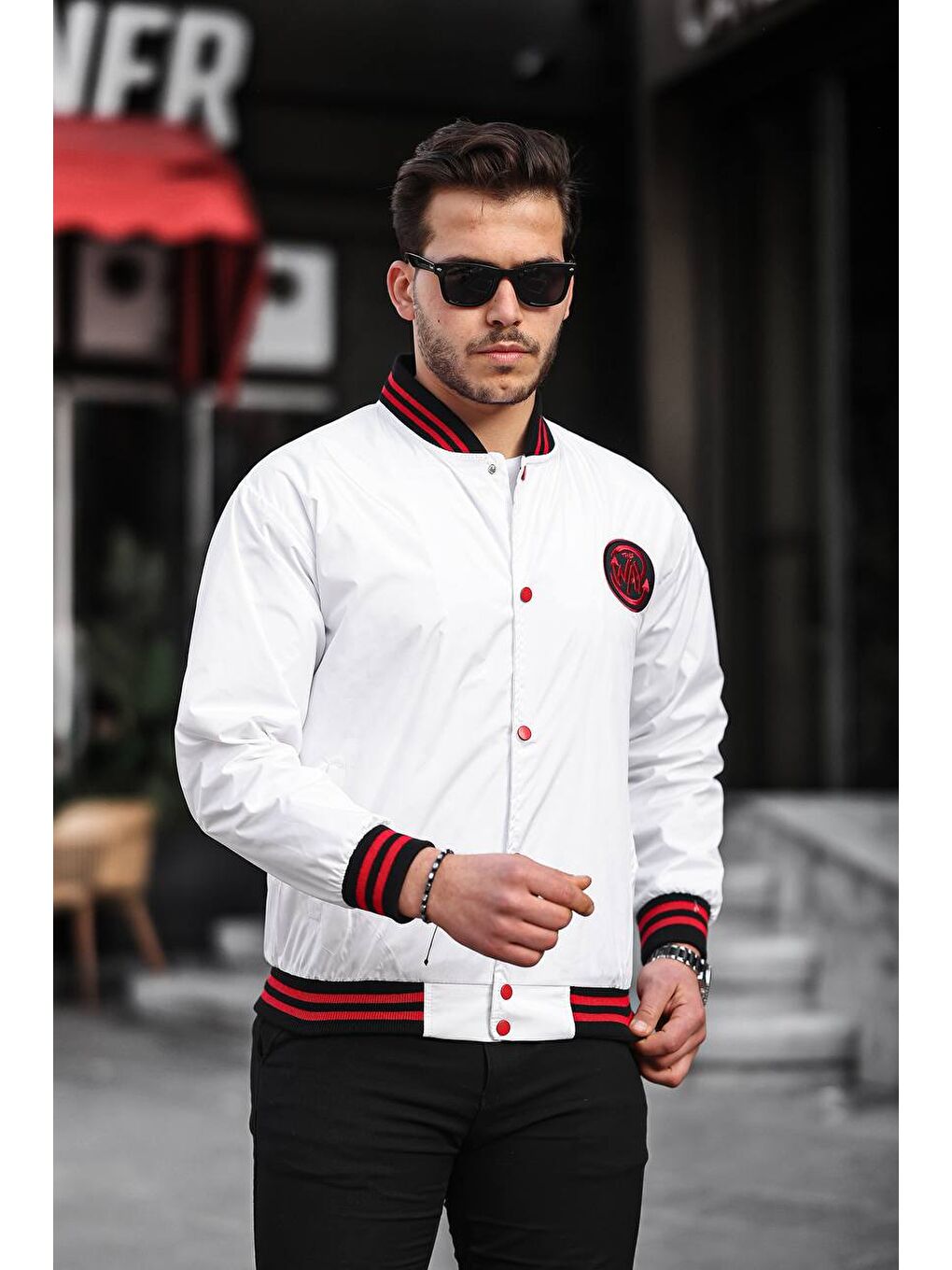 Erkek Baskılı Kapüşonlu Beyaz Kolej Ceket-2