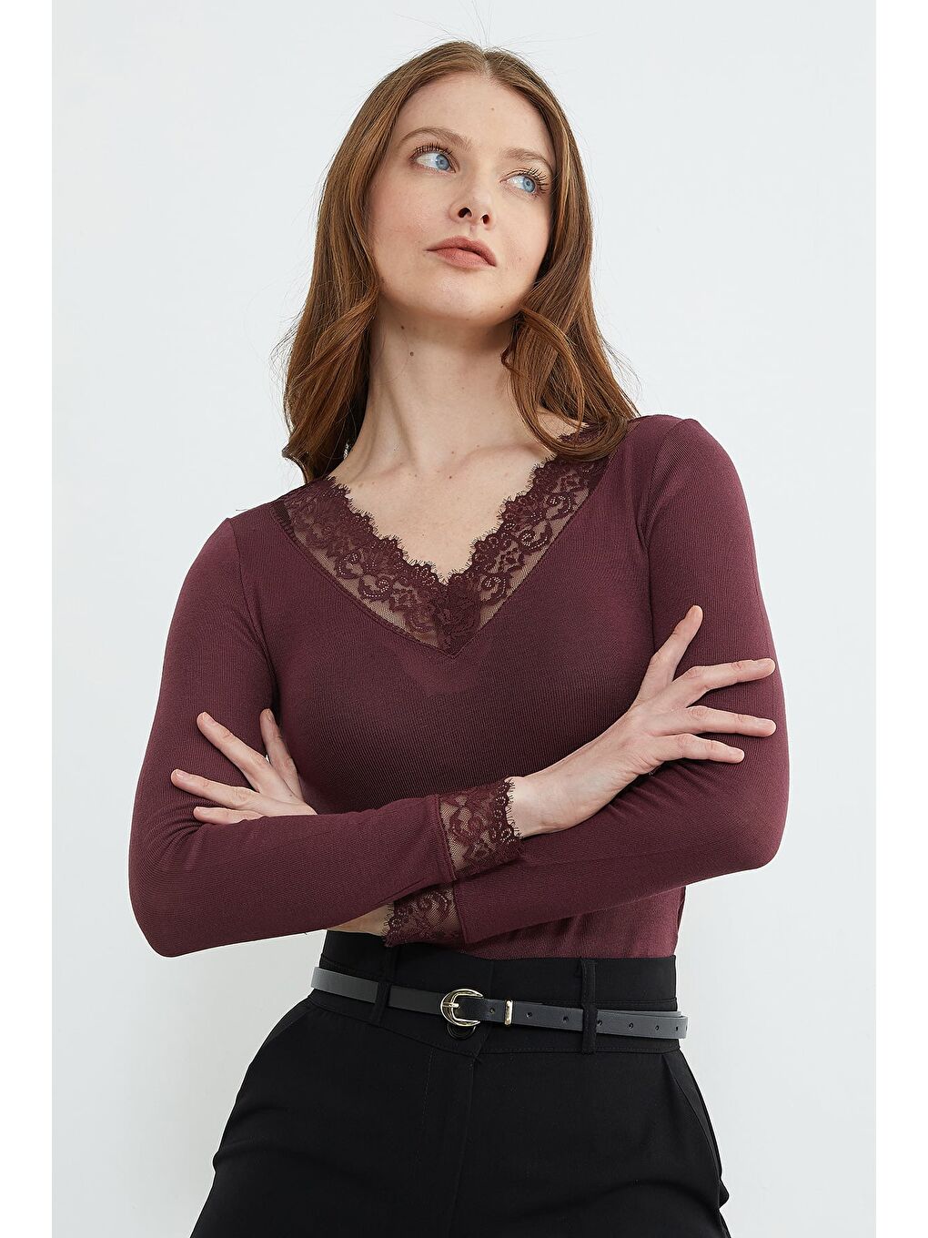 Mürdüm Kol Ve Yaka Dantelli Transparan Bluz-2