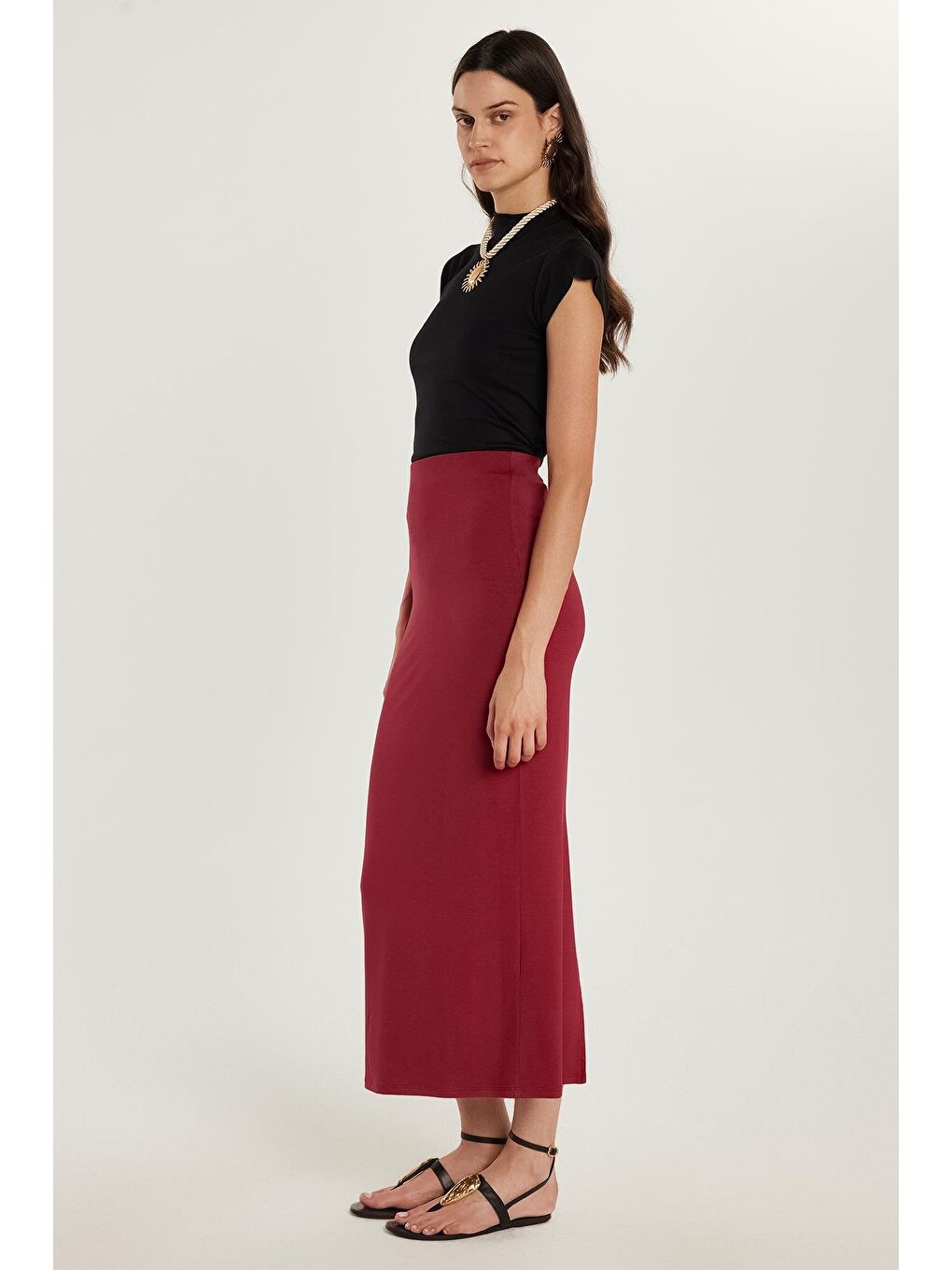 Kadın Standart Fit Modal Kumaş Bordo Maxi Boy Etek-2