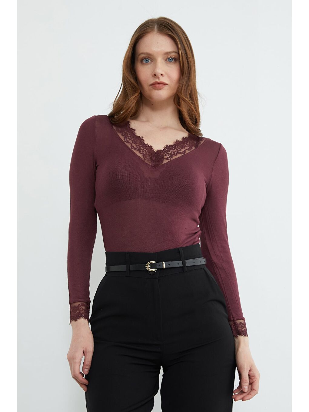 Mürdüm Kol Ve Yaka Dantelli Transparan Bluz-3