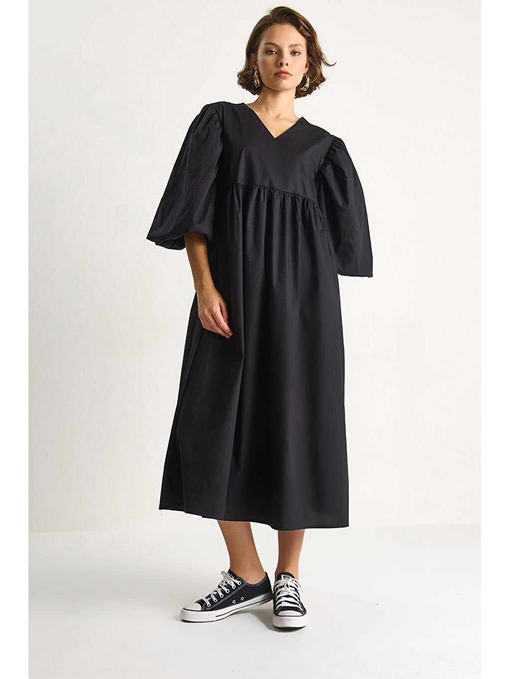 Siyah Kadın V Yaka Balon Kol Uzun Elbise-2