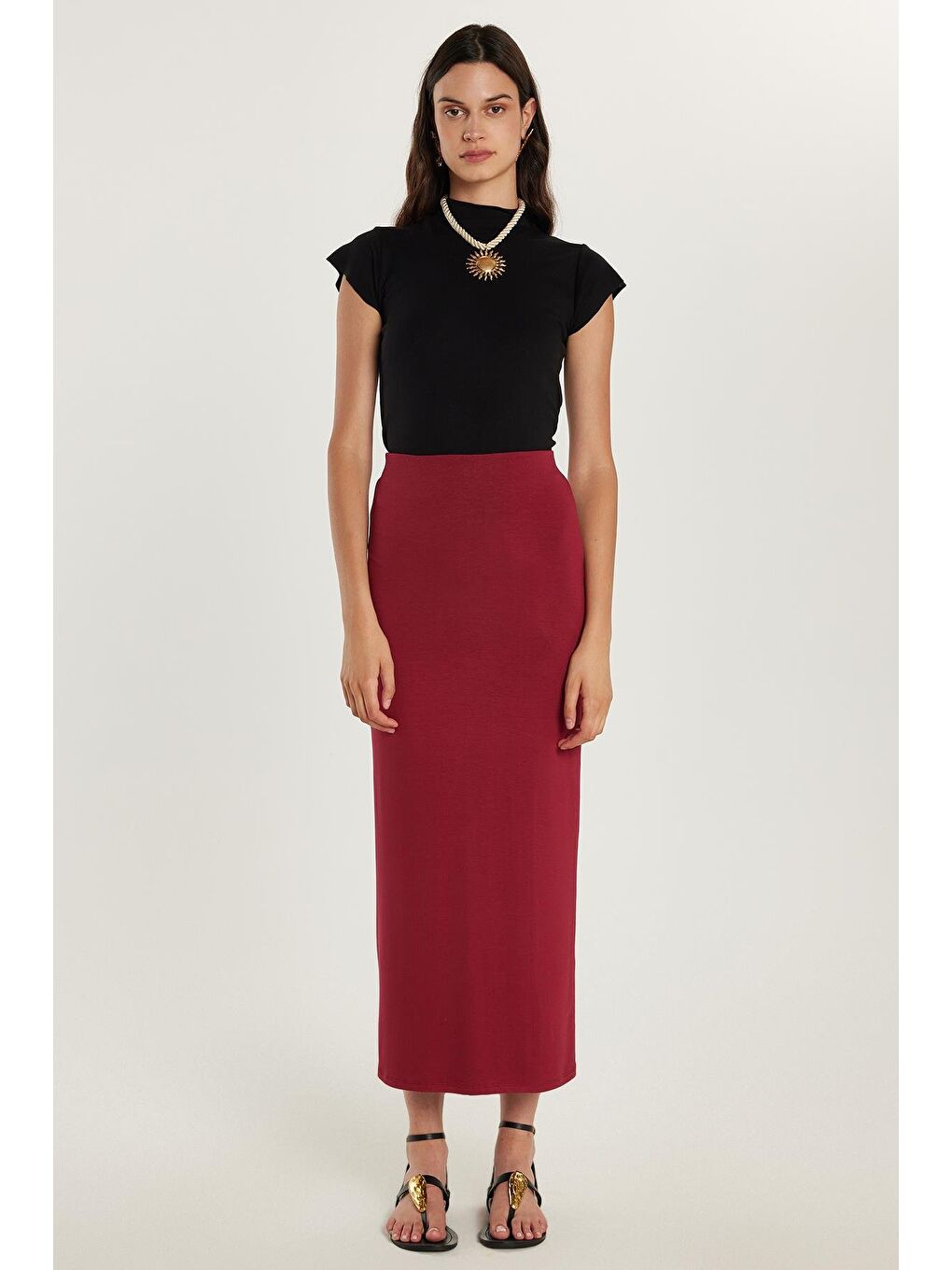 Kadın Standart Fit Modal Kumaş Bordo Maxi Boy Etek-3