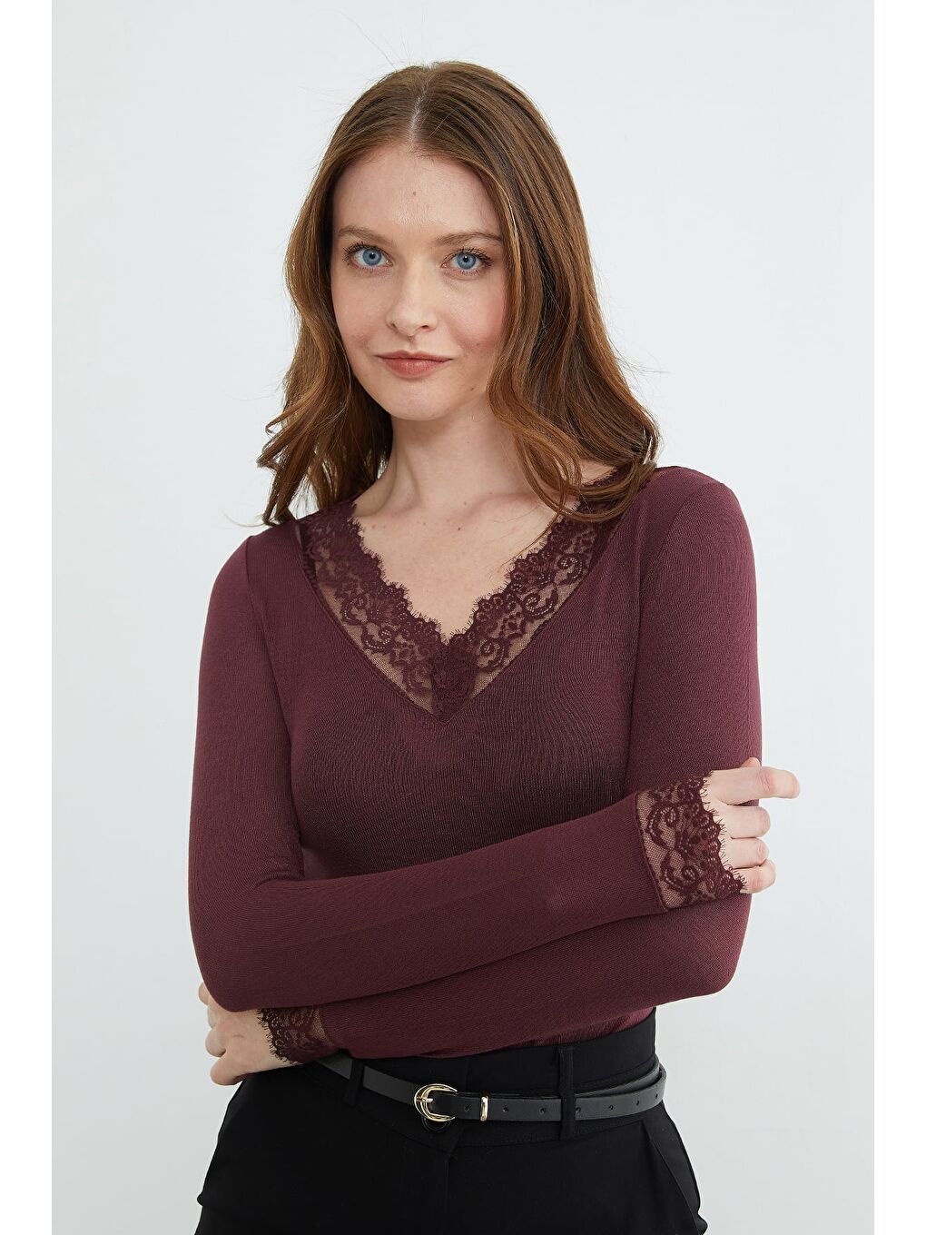 Mürdüm Kol Ve Yaka Dantelli Transparan Bluz-4