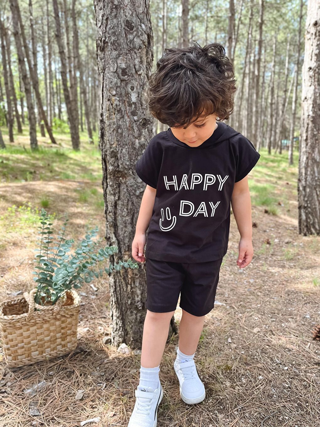 Siyah Kapüşonlu Yazlık Baskılı Takım 2404KPSNYZLYK-3