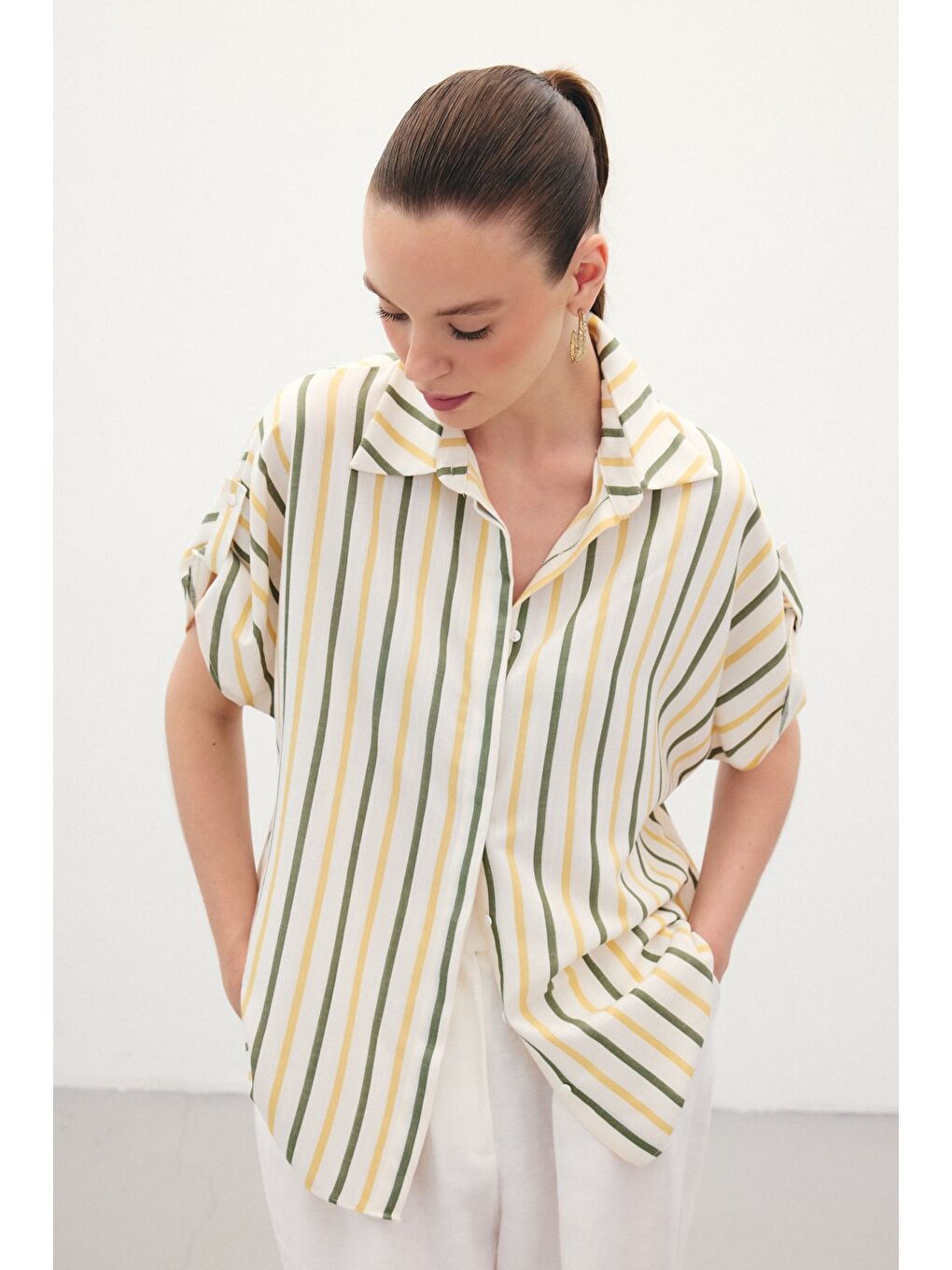 Keten Karışımlı Çizgili Gömlek - Haki-1