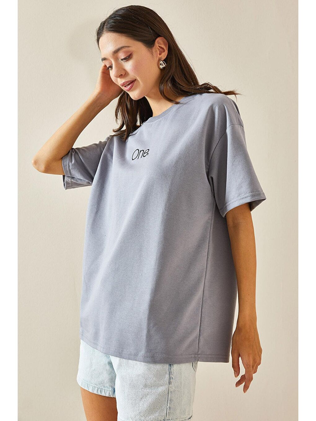 XHAN Buz Mavisi Bisiklet Yaka Yazılı Oversize Tshirt 5YXK1-48703-43