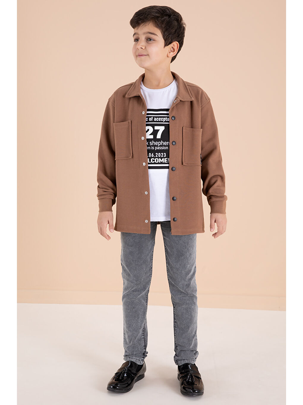 Kahverengi Kahve Armalı Gömlekli Jean Pantolonlu Erkek Çocuk 3'lü Takım 19993-1