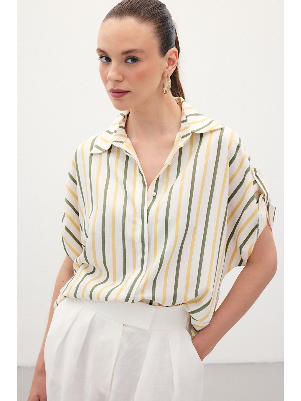 Keten Karışımlı Çizgili Gömlek - Haki-2