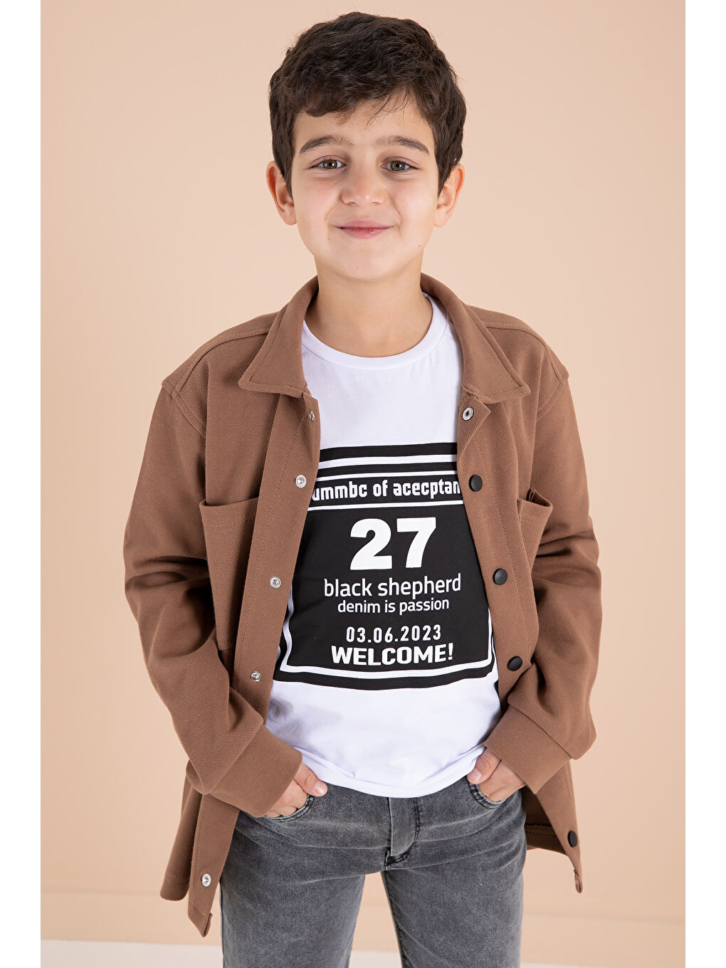 Kahverengi Kahve Armalı Gömlekli Jean Pantolonlu Erkek Çocuk 3'lü Takım 19993-3