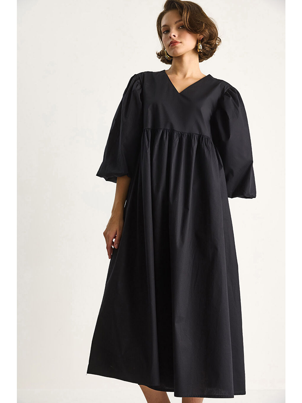 Siyah Kadın V Yaka Balon Kol Uzun Elbise-4