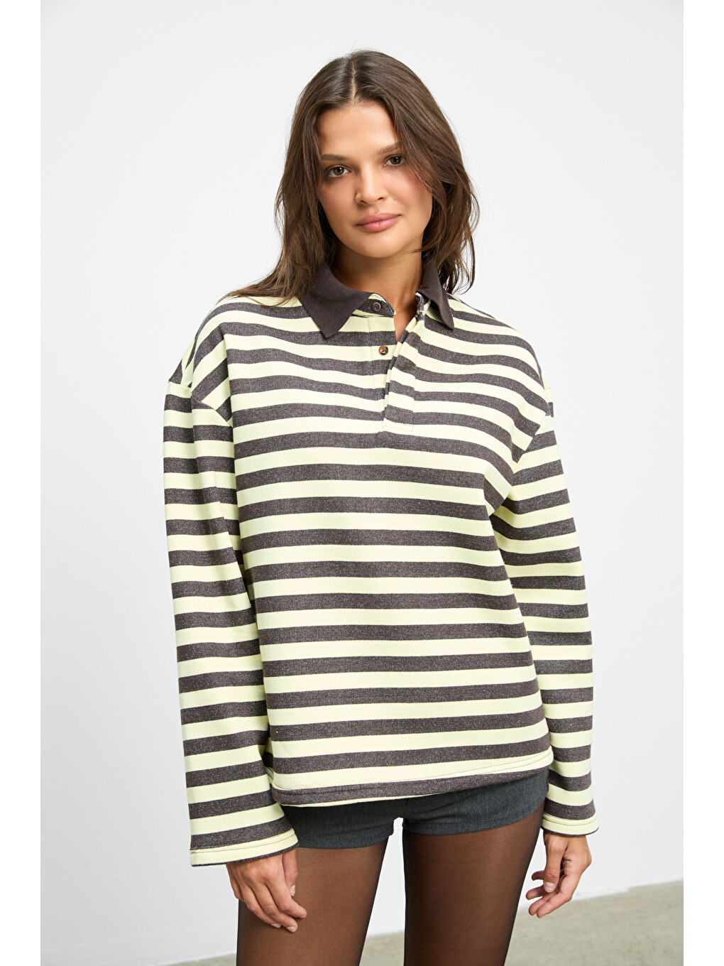 Muse Kadın Çizgili Triko Polo Yakalı Regular Fit Sarı Sweatshirt-1