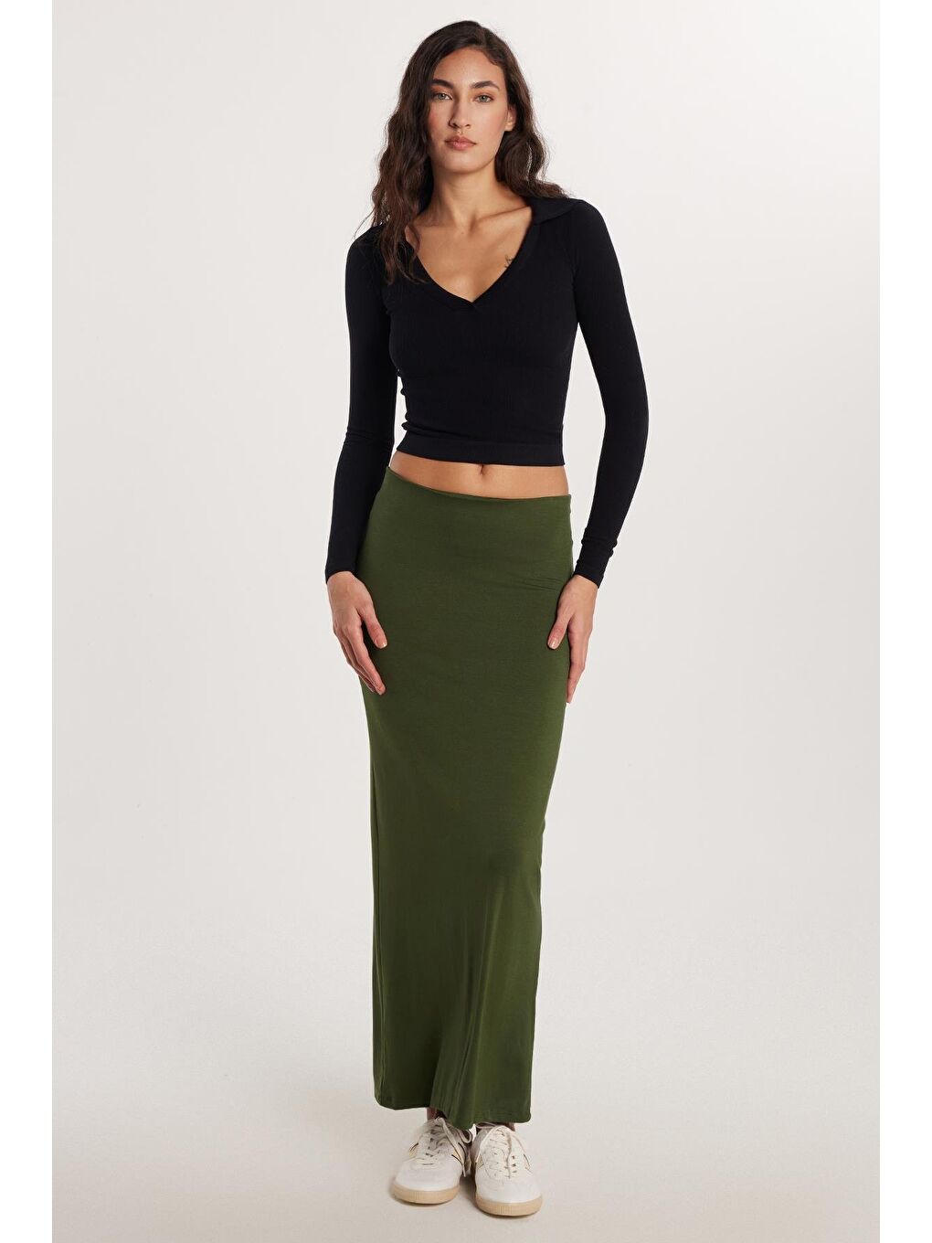 Kadın Standart Fit Modal Kumaş Yeşil Maxi Boy Etek-1