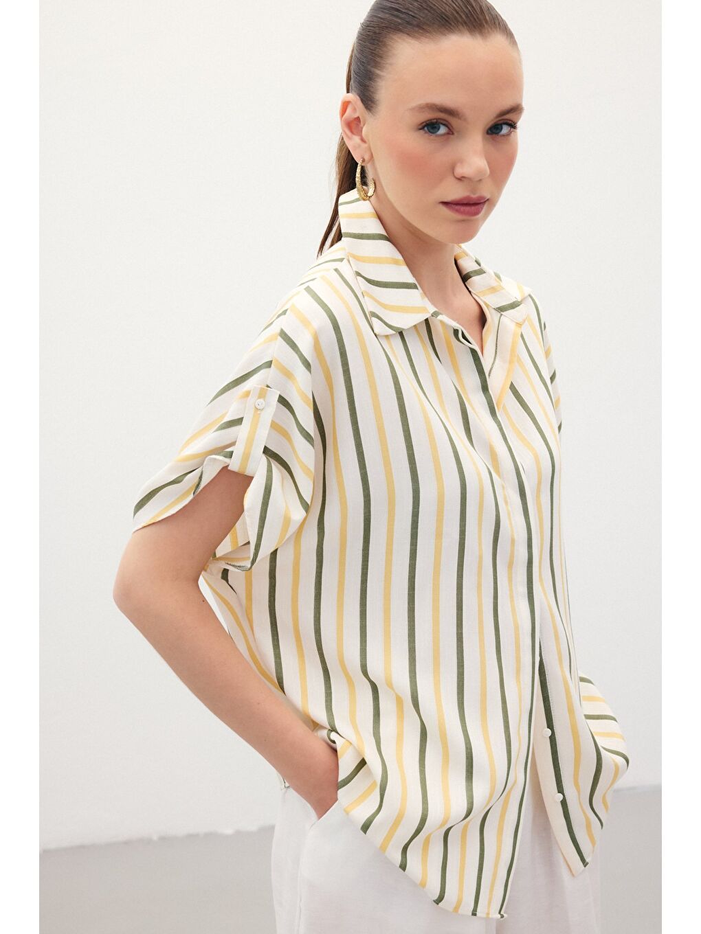 Keten Karışımlı Çizgili Gömlek - Haki-3