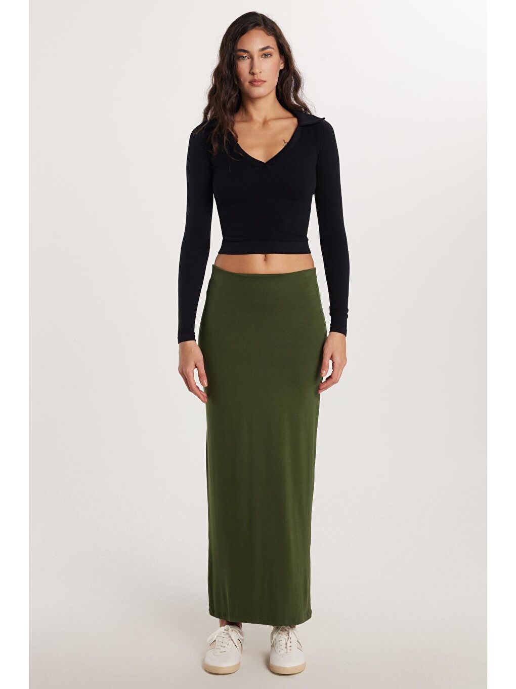 Kadın Standart Fit Modal Kumaş Yeşil Maxi Boy Etek-3