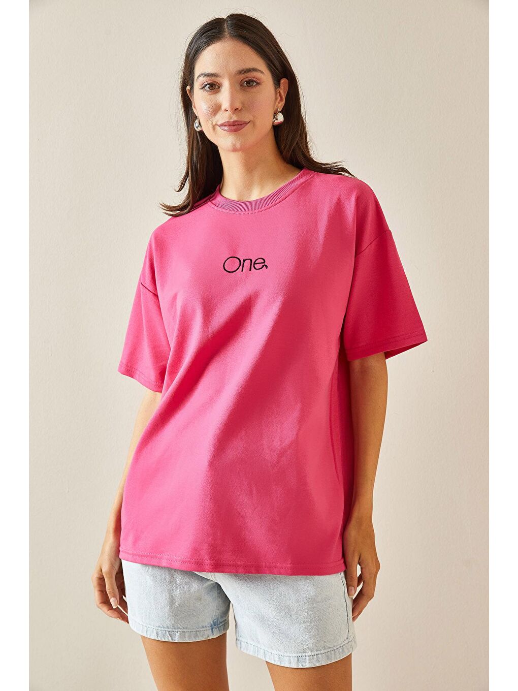 XHAN Fuşya Bisiklet Yaka Yazılı Oversize Tshirt 5YXK1-48703-07 - 1